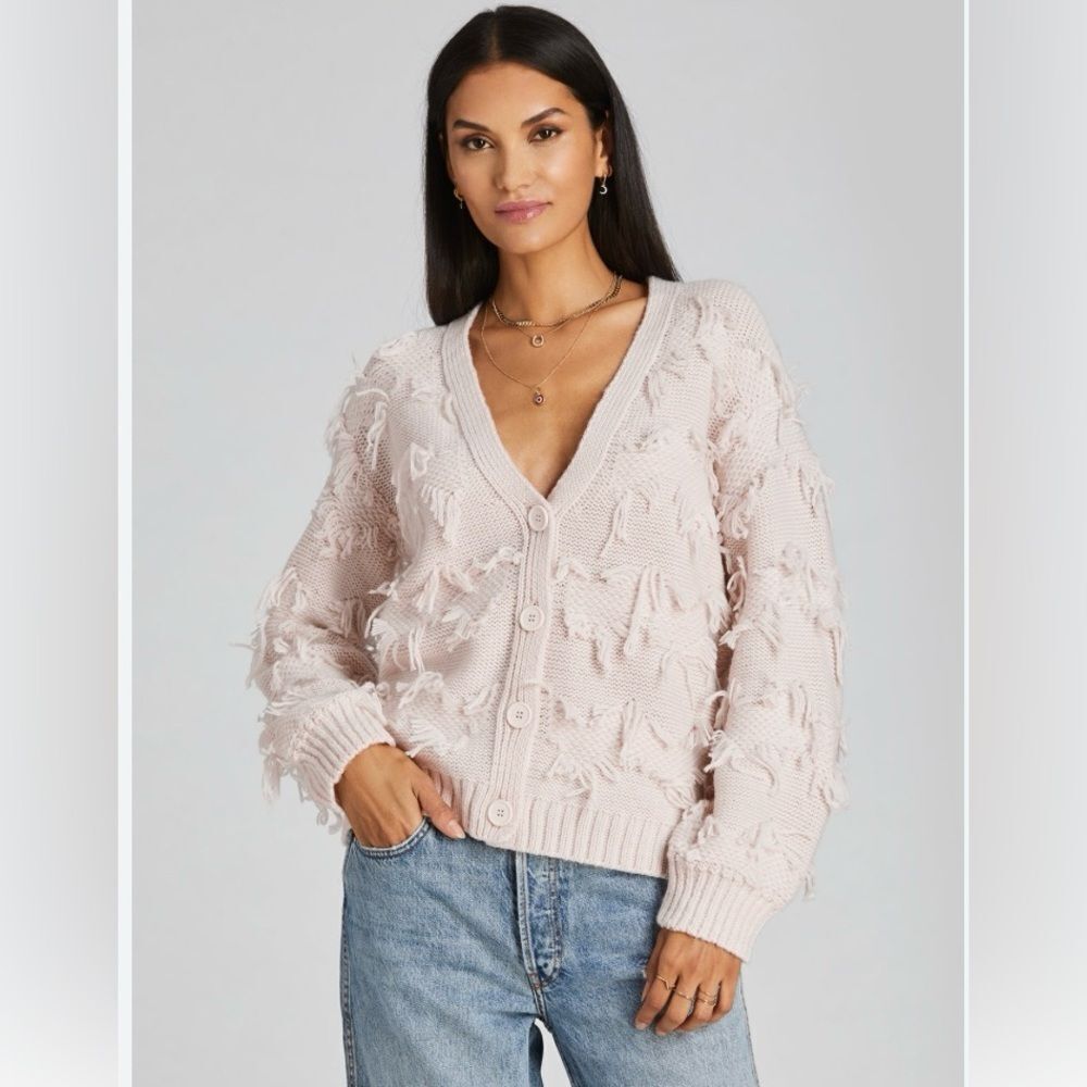 525 American Fringe Cardigan Sweater In Bare Size Large Ivory Off White V- Neck